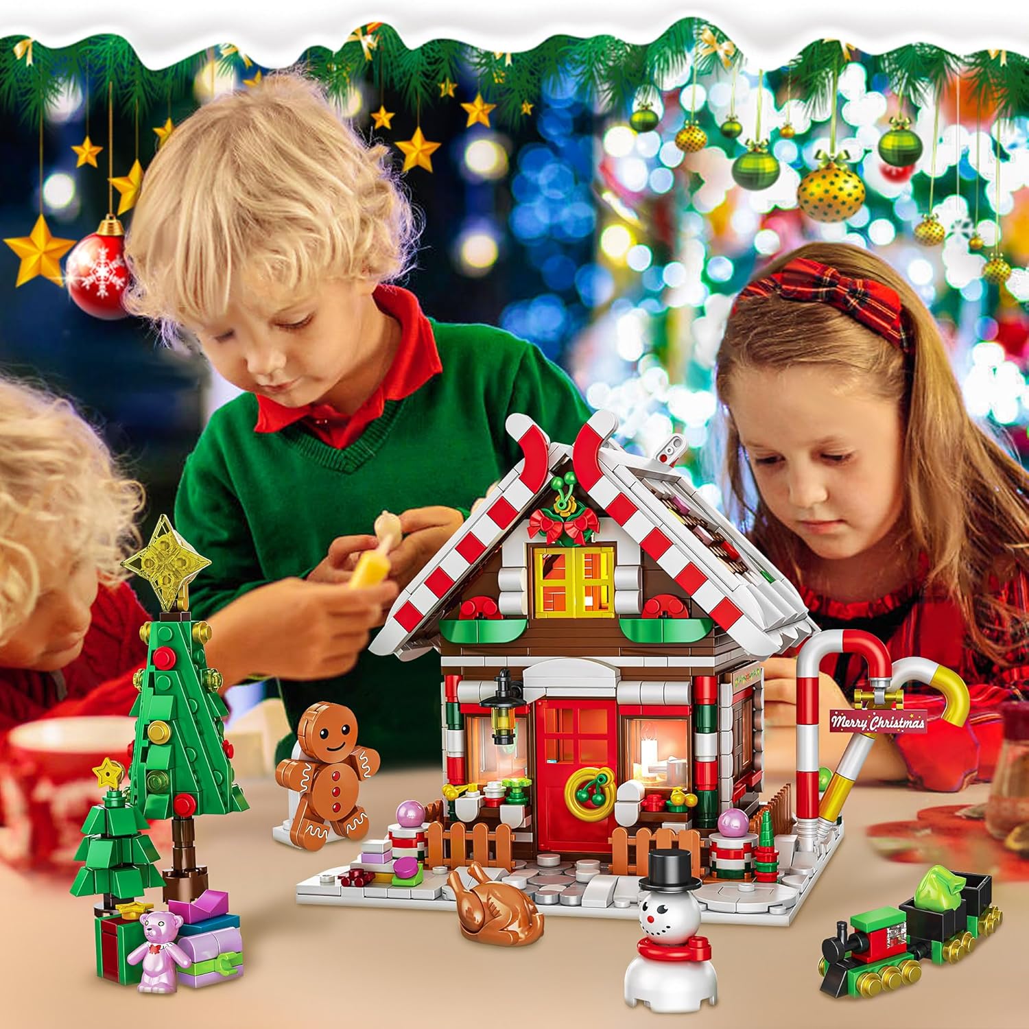 Christmas Gingerbread House Building, Christmas Village House Building Set, Contain Christmas Tree and Train, Xmas Brick Toy Gifts for Adults Teens and Kids 1288PCS